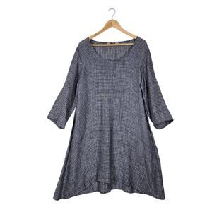 Flax 100% Linen Tunic Shift Dress sz M Gray Check Lagenlook Beach